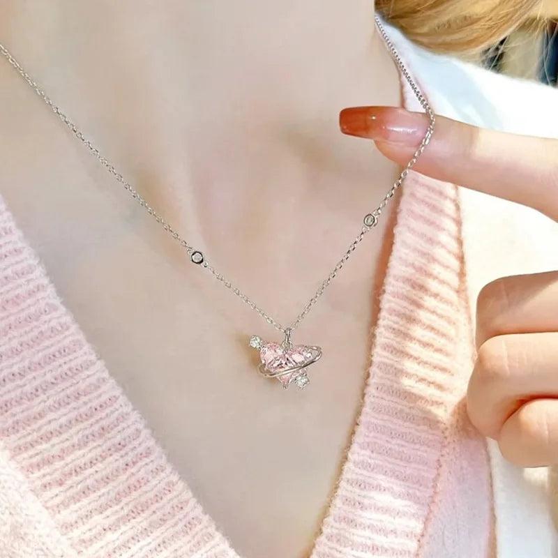 925 Silver Star Heart Y2K Necklace Pink Zircon Choker Jewelry Gift