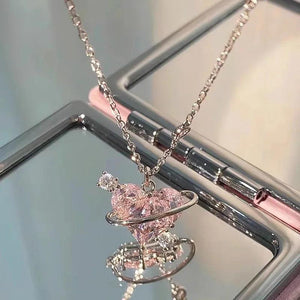 925 Silver Star Heart Y2K Necklace Pink Zircon Choker Jewelry Gift