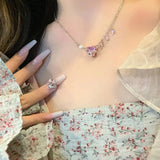 925 Silver Star Heart Y2K Necklace Pink Zircon Choker Jewelry Gift