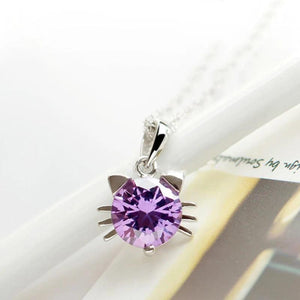 925 Sterling Silver Cat Necklace with Zircon Purple for Women