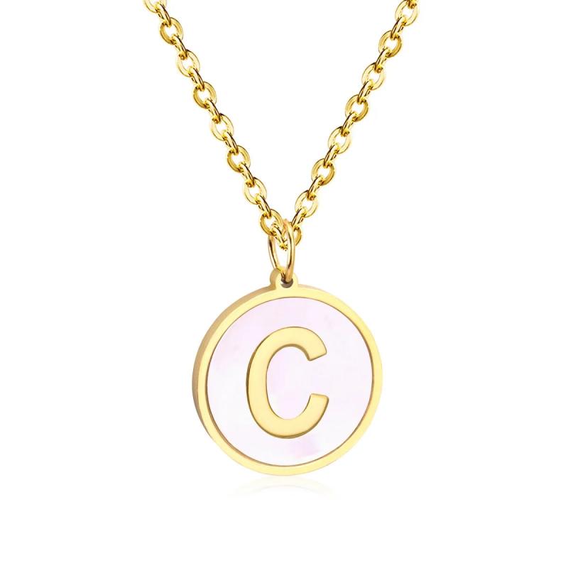 Vintage Initial 26 Letters A-Z Shell Pendant Necklace Stainless Steel