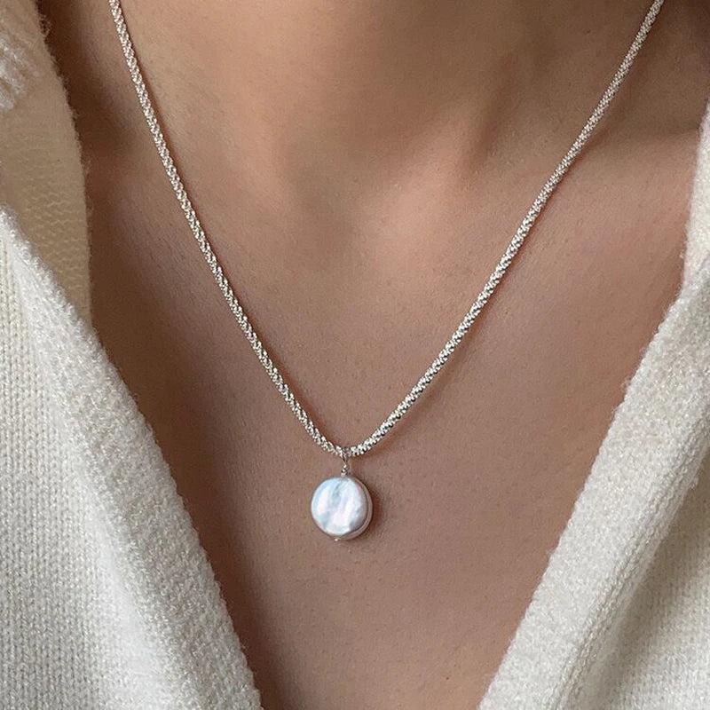 S925 Silver Baroque Pearl Pendant Flash Necklace NK158