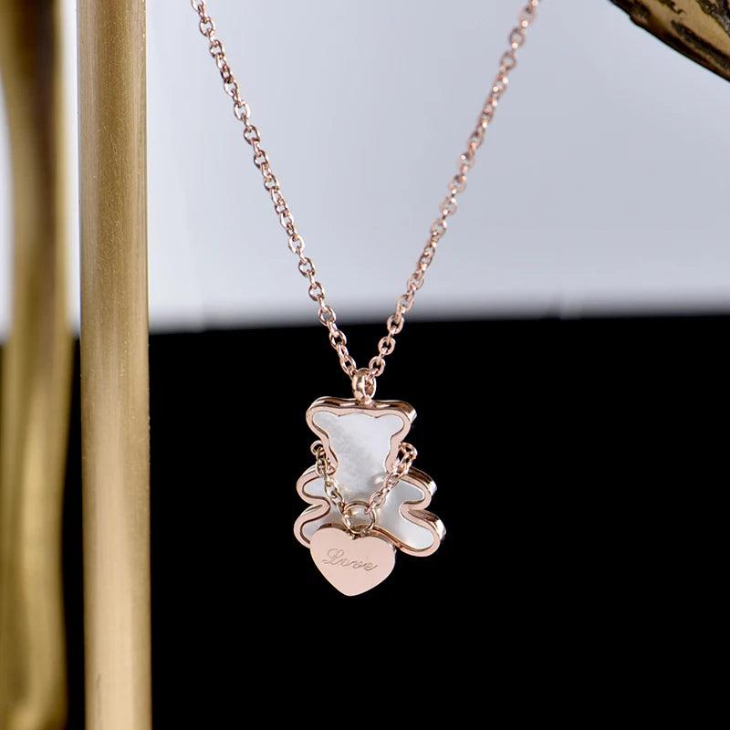 Heart Bear Pendant Necklace Rose Titanium Steel Jewelry Gift