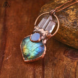 Heart Flash Labradorite Bronze Pendant Necklace Healing Crystal Vintage