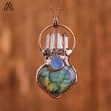 Heart Flash Labradorite Bronze Pendant Necklace Healing Crystal Vintage