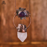 Heart Flash Labradorite Bronze Pendant Necklace Healing Crystal Vintage
