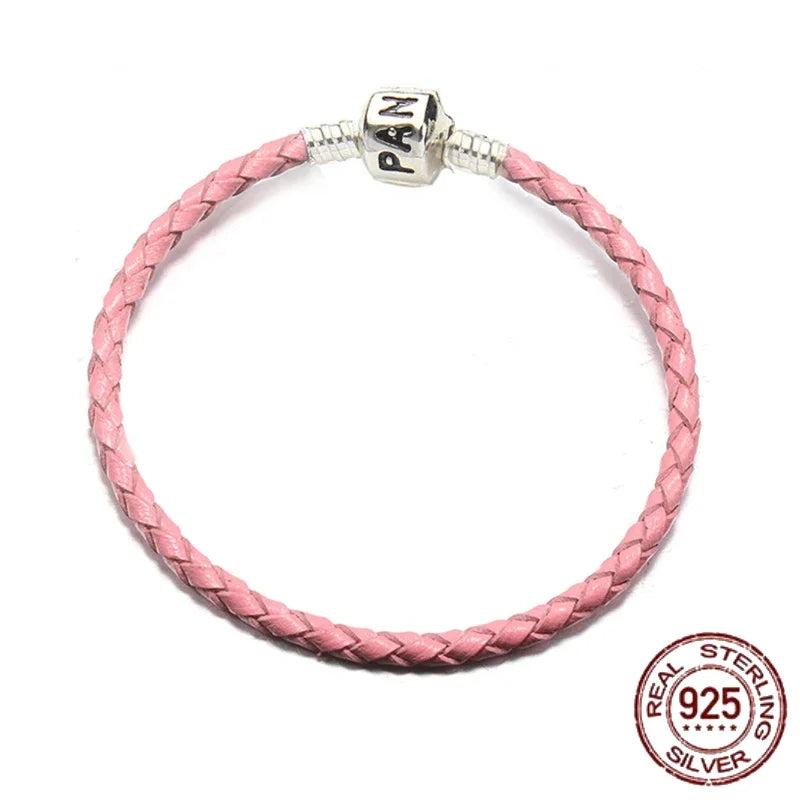 925 Silver Leather Bag Buckle Round Bracelet for DIY Jewelry