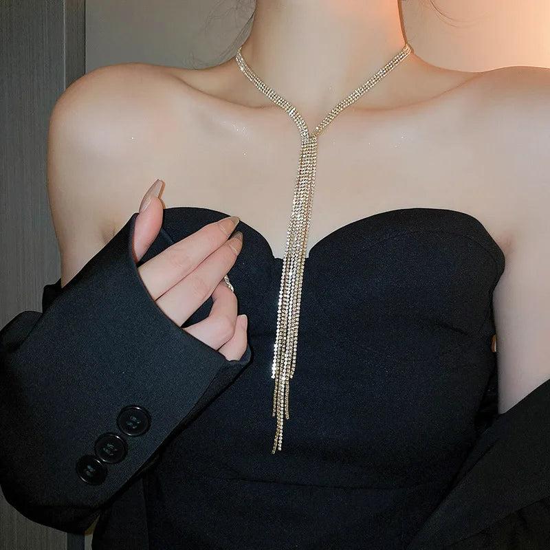 Rhinestone Chain Tassel Long Necklace for Women Statement Multi-layer Necklace
