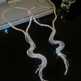 Rhinestone Chain Tassel Long Necklace for Women Statement Multi-layer Necklace
