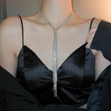 Rhinestone Chain Tassel Long Necklace for Women Statement Multi-layer Necklace