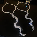 Rhinestone Chain Tassel Long Necklace for Women Statement Multi-layer Necklace
