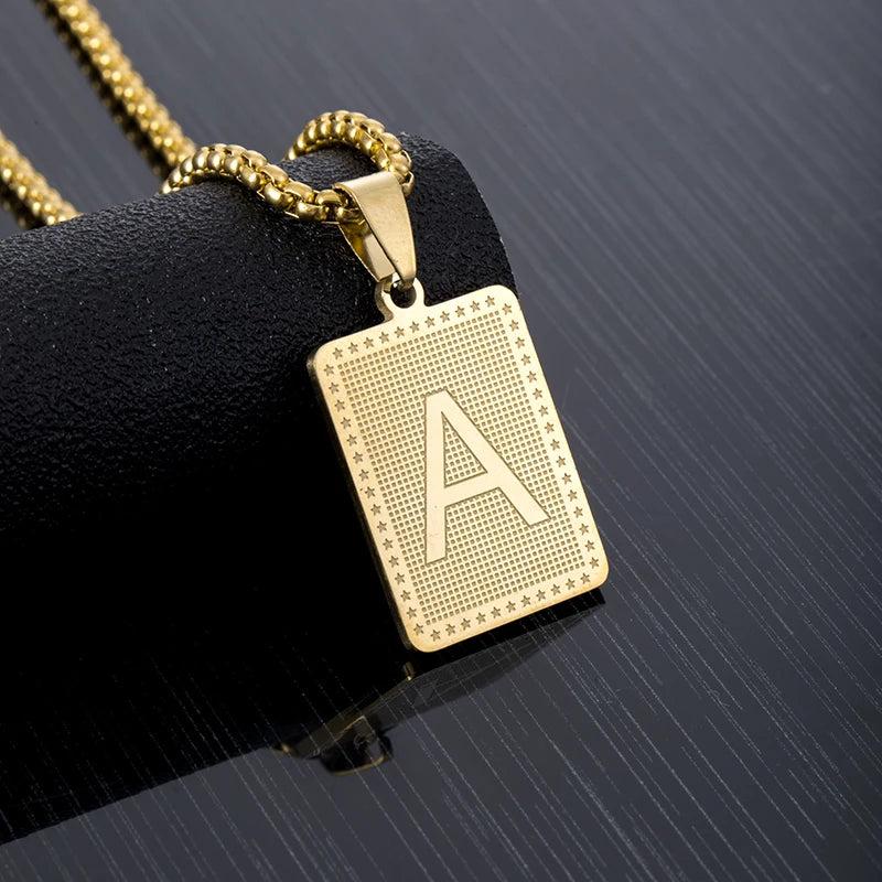 Hip Hop Square Letter Pendant Necklace Men Stainless Steel Rock Alphabet Jewelry
