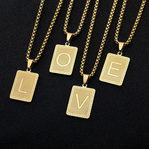 Hip Hop Square Letter Pendant Necklace Men Stainless Steel Rock Alphabet Jewelry