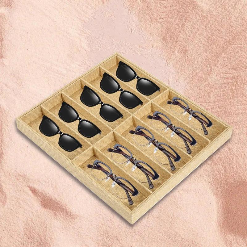 Beige 10 Grids Sunglasses Display Box Glasses Case Organizer Tray