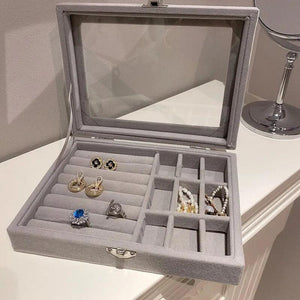 Gray Velvet Glass Jewelry Box Organizer Storage Case