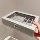 Gray Velvet Glass Jewelry Box Organizer Storage Case