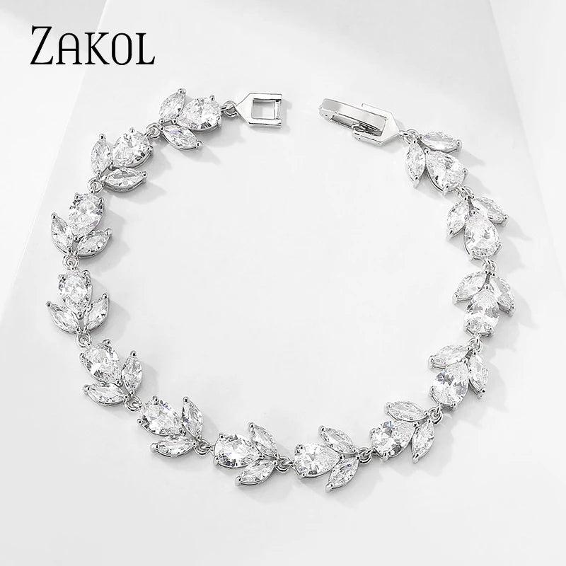 CZ Bridal Bracelet Leaf Charm Bangle Clear Crystal Wedding Jewelry