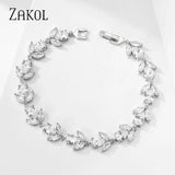 CZ Bridal Bracelet Leaf Charm Bangle Clear Crystal Wedding Jewelry