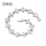 CZ Bridal Bracelet Leaf Charm Bangle Clear Crystal Wedding Jewelry