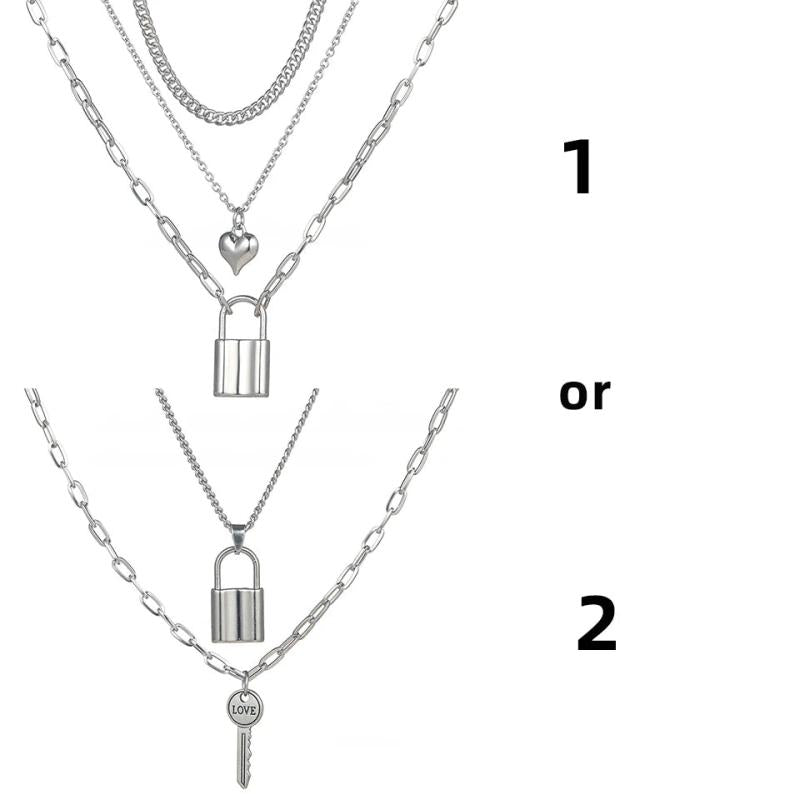 3Pcs Love Heart Lock Key Cross Pendant Necklace Set