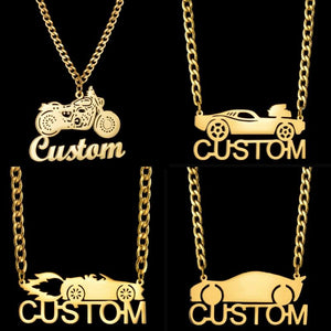 Custom Men's Name Necklace Stainless Steel Motorcycle Car Nameplate Pendant