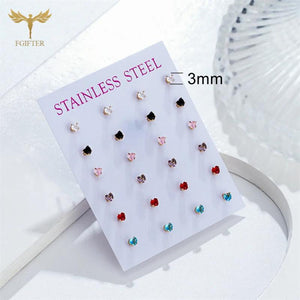 12 Pairs Zircon Heart Stud Earrings Set Stainless Steel Piercing