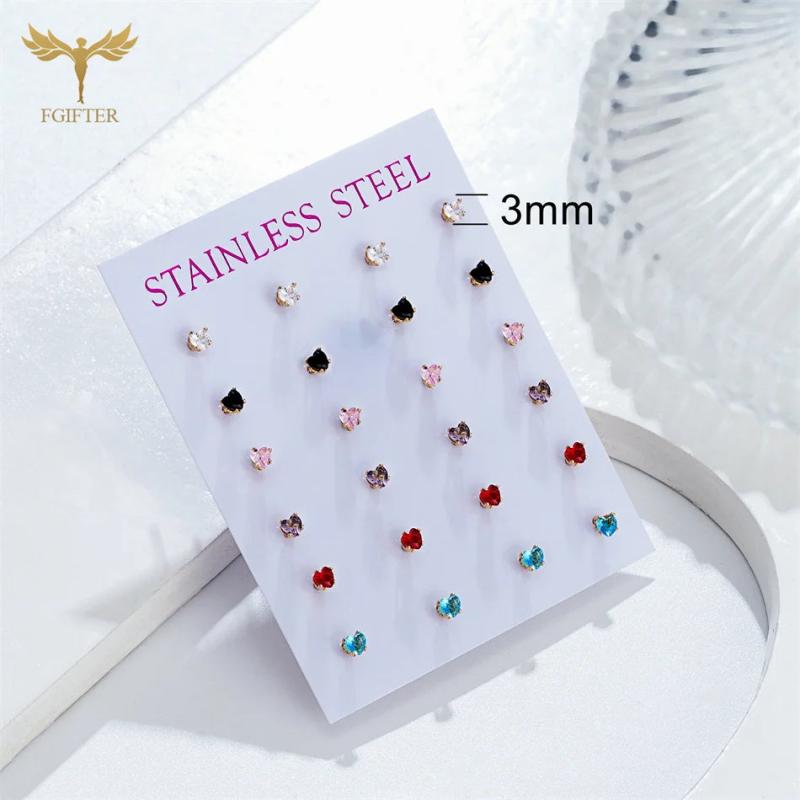 12 Pairs Zircon Heart Stud Earrings Set Stainless Steel Piercing