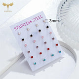 12 Pairs Zircon Heart Stud Earrings Set Stainless Steel Piercing