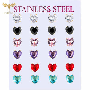 12 Pairs Zircon Heart Stud Earrings Set Stainless Steel Piercing