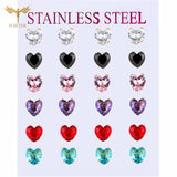 12 Pairs Zircon Heart Stud Earrings Set Stainless Steel Piercing