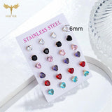 12 Pairs Zircon Heart Stud Earrings Set Stainless Steel Piercing