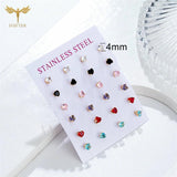 12 Pairs Zircon Heart Stud Earrings Set Stainless Steel Piercing