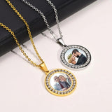 Custom Photo Necklace Round CZ Stainless Steel Chain Personalized Pendant