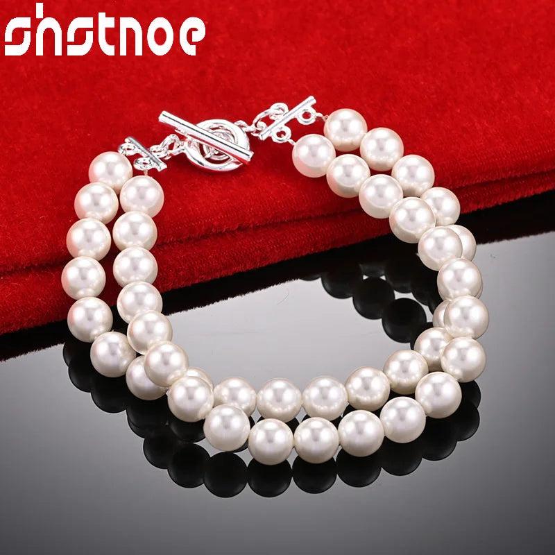 925 Silver Double Pearls Chain Bracelet Wedding Party Jewelry