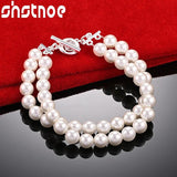 925 Silver Double Pearls Chain Bracelet Wedding Party Jewelry
