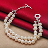 925 Silver Double Pearls Chain Bracelet Wedding Party Jewelry