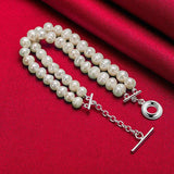 925 Silver Double Pearls Chain Bracelet Wedding Party Jewelry