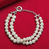 925 Silver Double Pearls Chain Bracelet Wedding Party Jewelry