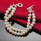 925 Silver Double Pearls Chain Bracelet Wedding Party Jewelry