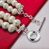 925 Silver Double Pearls Chain Bracelet Wedding Party Jewelry
