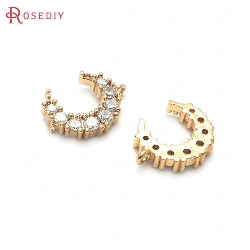 4PCS 12x10x3MM Moon Charms Pendants 24K Brass Zircon 1/2 Holes Jewelry Findings