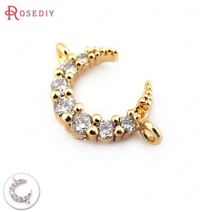 4PCS 12x10x3MM Moon Charms Pendants 24K Brass Zircon 1/2 Holes Jewelry Findings