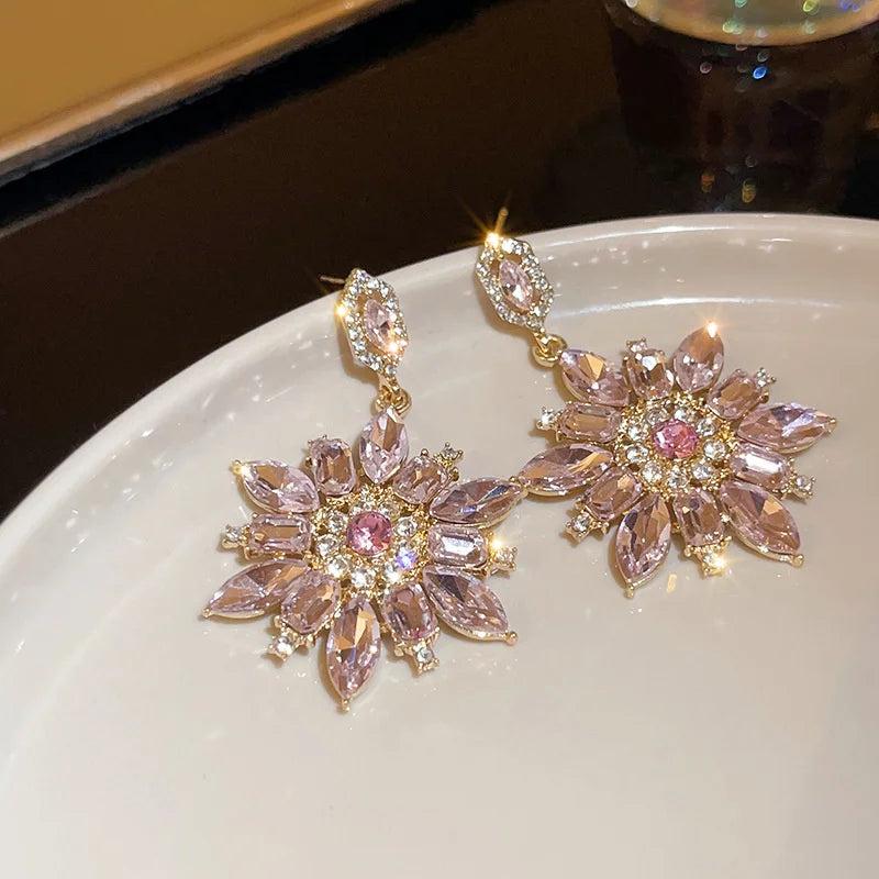 Pink Crystal Flowers Drop Earrings for Women Girls