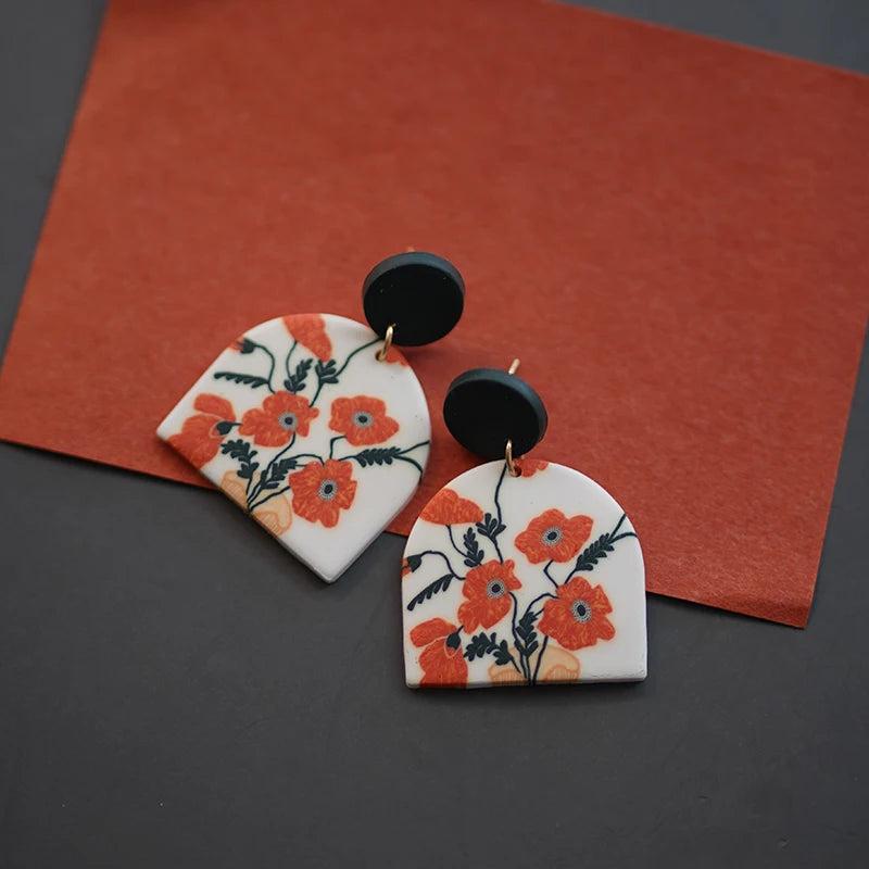 Leaf Flower Pattern Antique Red Art Dangle Earrings