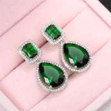 Silver White/Green CZ Dangle Earrings Wedding Jewelry