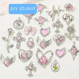 5Pcs Pink Alloy Pearl Rose Heart Bow Tulip Charms DIY Necklace Earrings Pendant