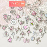 5Pcs Pink Alloy Pearl Rose Heart Bow Tulip Charms DIY Necklace Earrings Pendant