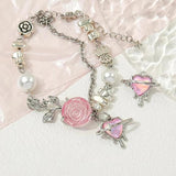 5Pcs Pink Alloy Pearl Rose Heart Bow Tulip Charms DIY Necklace Earrings Pendant
