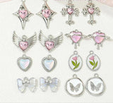 5Pcs Pink Alloy Pearl Rose Heart Bow Tulip Charms DIY Necklace Earrings Pendant