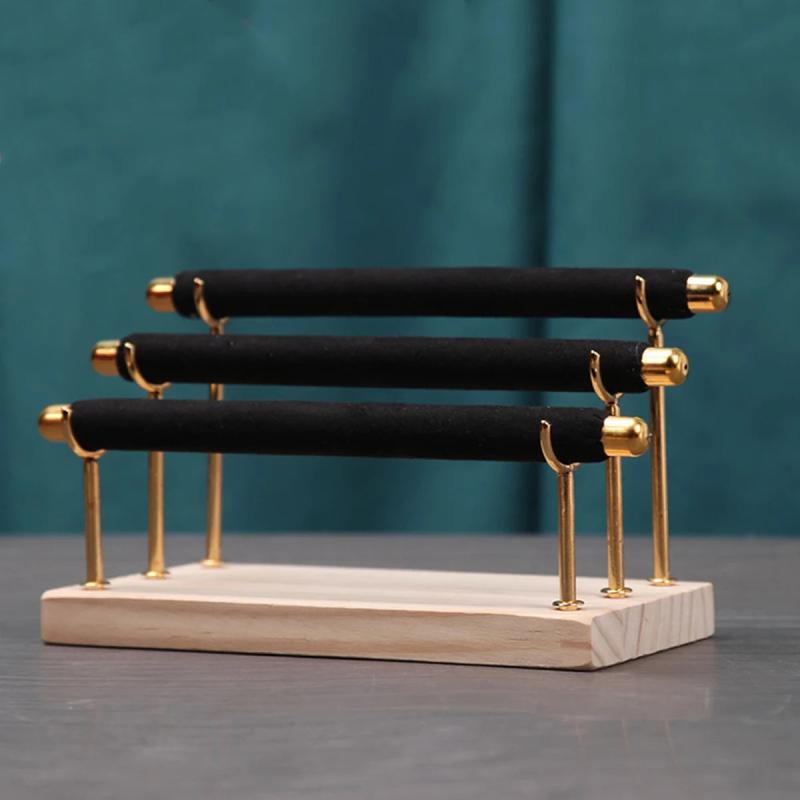 3-layer Jewelry Display Rack Wood Sponge Rod Ring Storage